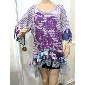 Upcycled Floral Top Size 2X Purple Gray Ruffled Heart Hippie One Size Blue Boho